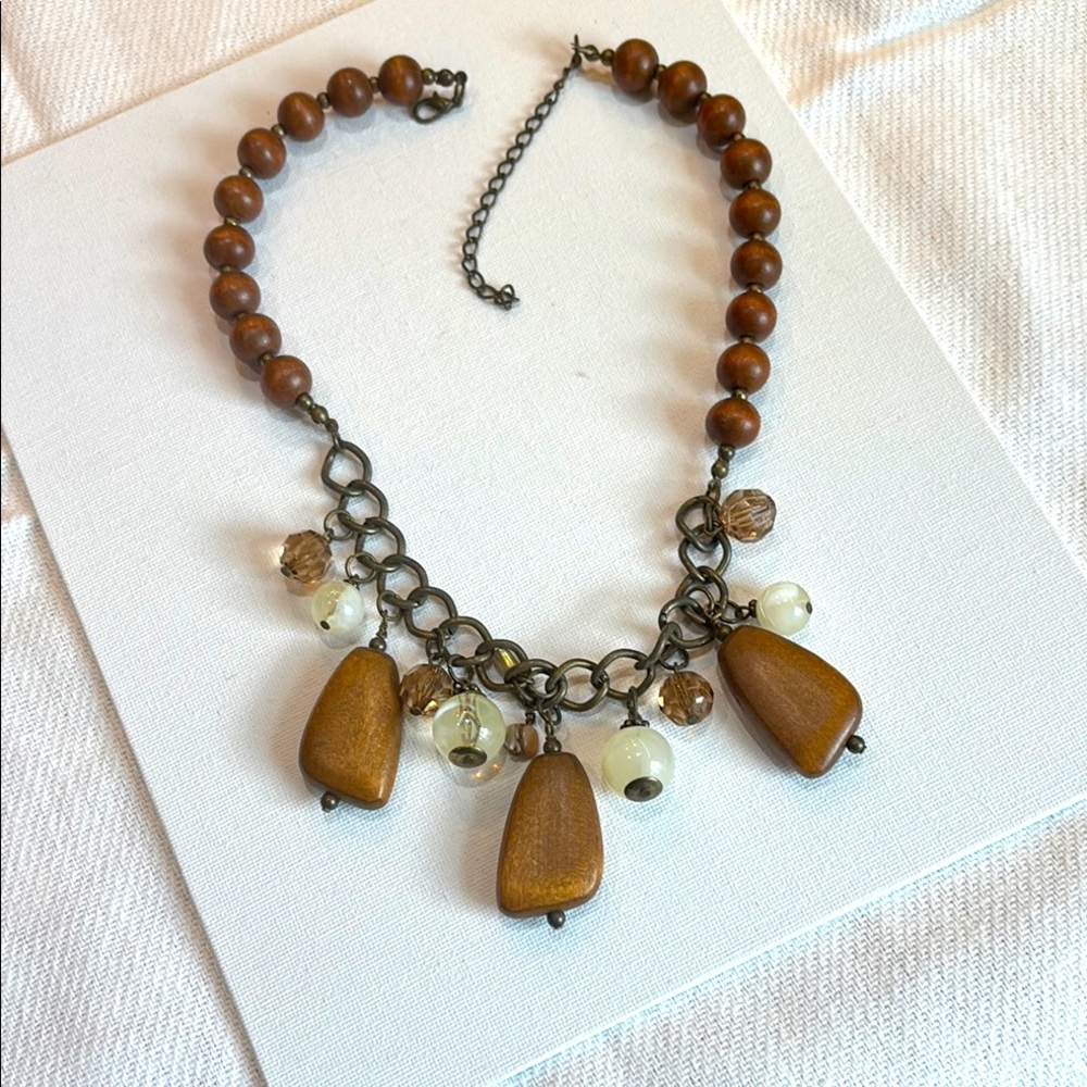 Necklace with wooden and glass beads-brown, white, clear, taupe beads
